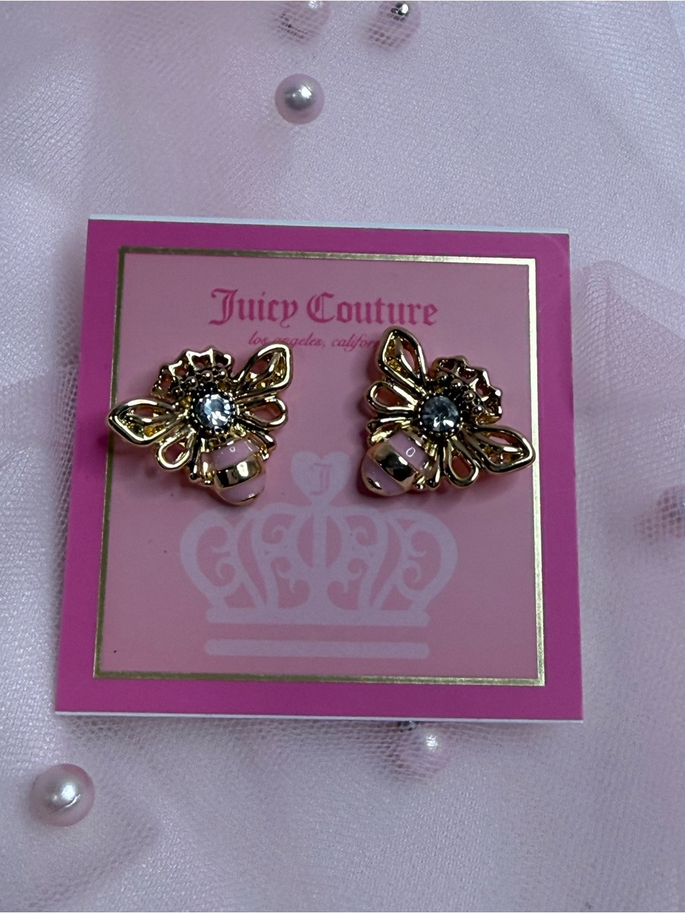 Juicy Couture Gold & Pink Bee Earrings with Crystal Center